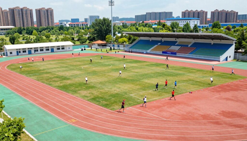 A vivid representation of sports infrastructure in a city setting, showcasing a modern sports complex. In the foreground, a well-maintained track and field area, with athletes in professional sports attire engaged in training. The middle ground features a multi-purpose stadium, bustling with activity, and a community sports center surrounded by trees. In the background, a panoramic view of cityscape elements, including residential buildings and green parks. The lighting is bright and inviting, simulating a sunny day with clear skies. The angle is slightly elevated, capturing a wide view of the vibrant sports facilities that encourage community engagement and recreation. The overall mood is energetic and dynamic, emphasizing the importance of sports in urban life. A vivid representation of sports infrastructure in a city setting, showcasing a modern sports complex. In the foreground, a well-maintained track and field area, with athletes in professional sports attire engaged in training. The middle ground features a multi-purpose stadium, bustling with activity, and a community sports center surrounded by trees. In the background, a panoramic view of cityscape elements, including residential buildings and green parks. The lighting is bright and inviting, simulating a sunny day with clear skies. The angle is slightly elevated, capturing a wide view of the vibrant sports facilities that encourage community engagement and recreation. The overall mood is energetic and dynamic, emphasizing the importance of sports in urban life.