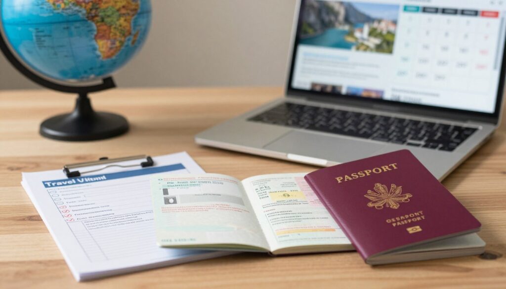 A well-organized travel-related desk scene illustrating the importance of valid travel documents. In the foreground, a neatly arranged international passport with a visible expiration date is open, showing important travel details. Beside it is a professional-looking travel document checklist with checkmarks next to items like "passport," "visa," and "entry requirements." In the middle, a softly focused background features a globe, a laptop displaying a travel website, and a calendar with marked travel dates, suggesting preparation and urgency. The lighting is warm and inviting, casting gentle shadows to create a sense of trust and reliability. The overall mood should evoke professionalism and the importance of being well-prepared for travel.