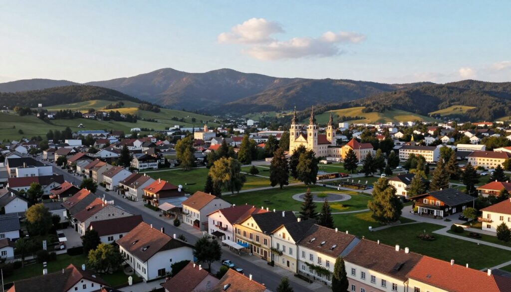 Aerial view of Kudowa-Zdrój showcasing its administrative structure and urban layout. In the foreground, illustrate picturesque streets lined with charming houses and small businesses, displaying a blend of local architecture. In the middle ground, depict the green parks and recreational areas, emphasizing the town's natural beauty. The background features rolling hills and the scenic Sudetes mountains, bathed in soft, golden sunlight during early evening, creating a serene atmosphere. The sky is clear with a few scattered clouds, enhancing the calming feel of the landscape. The overall mood should be inviting and peaceful, reflecting the town's allure as a health resort destination. Use a wide-angle lens to capture the extensive view, highlighting the harmonious coexistence of urban and natural elements. No people or text in the image.