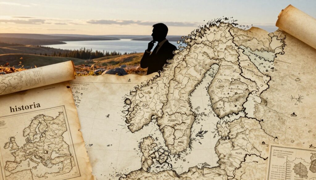 An abstract representation of "historia," showcasing historical maps and documents that influenced the borders of Finland and its northern European neighbors. In the foreground, faded parchment scrolls and antique map fragments, with delicate ink illustrations of geographical features, evoke the meticulous nature of cartography. In the middle ground, a silhouette of a well-dressed professional examining the maps, absorbed in thought, symbolizes the connection between our past and present borders. The background fades into a landscape of the Finnish wilderness, with soft lighting casting a warm glow over rolling hills and a tranquil lake, suggesting serenity and continuity. The overall mood is reflective and contemplative, capturing the essence of history’s impact on modern territorial lines.
