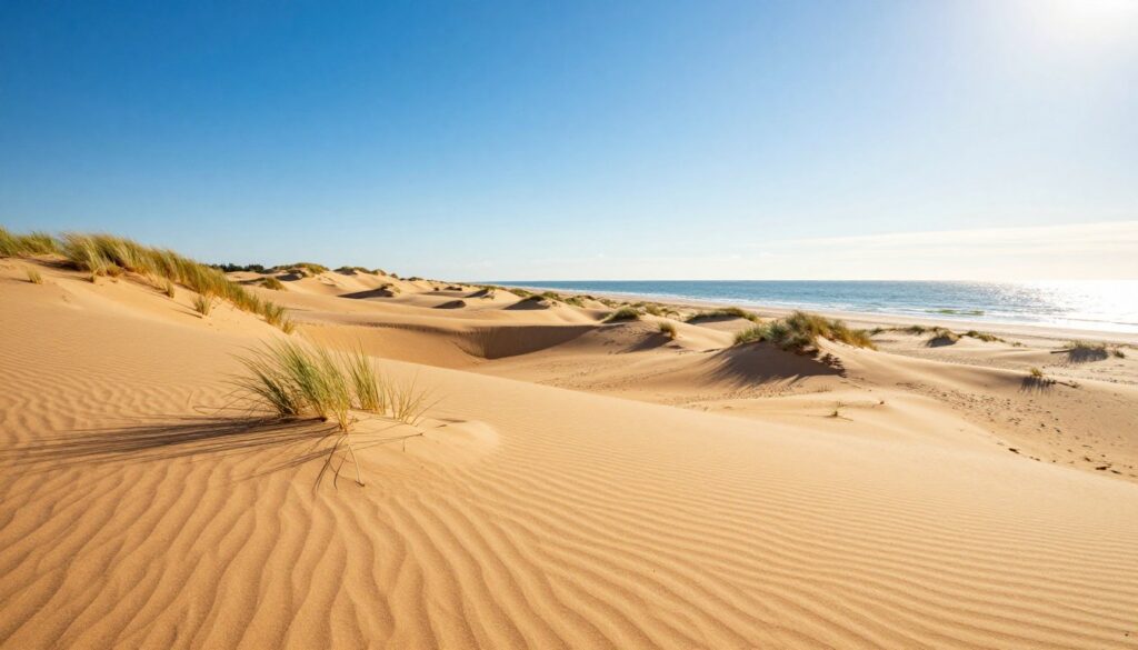 Golden sand dunes under a bright blue sky, the sun casting warm light across the shifting landscape of moving dunes in Rowy, Poland. In the foreground, gentle slopes of dunes form intricate patterns, with tufts of grass peeking through the sand. In the middle ground, distant dunes rise and fall, their soft contours creating a natural rhythm. The background features a serene view of the Baltic Sea, glistening in the sunlight, with small waves lapping at the shore. The scene exudes a tranquil and inviting atmosphere, ideal for showcasing the unique coastal charm of this lesser-known seaside area. Use a wide-angle lens for a sweeping perspective, enhancing the sense of vastness and serenity in the scene. Golden sand dunes under a bright blue sky, the sun casting warm light across the shifting landscape of moving dunes in Rowy, Poland. In the foreground, gentle slopes of dunes form intricate patterns, with tufts of grass peeking through the sand. In the middle ground, distant dunes rise and fall, their soft contours creating a natural rhythm. The background features a serene view of the Baltic Sea, glistening in the sunlight, with small waves lapping at the shore. The scene exudes a tranquil and inviting atmosphere, ideal for showcasing the unique coastal charm of this lesser-known seaside area. Use a wide-angle lens for a sweeping perspective, enhancing the sense of vastness and serenity in the scene.