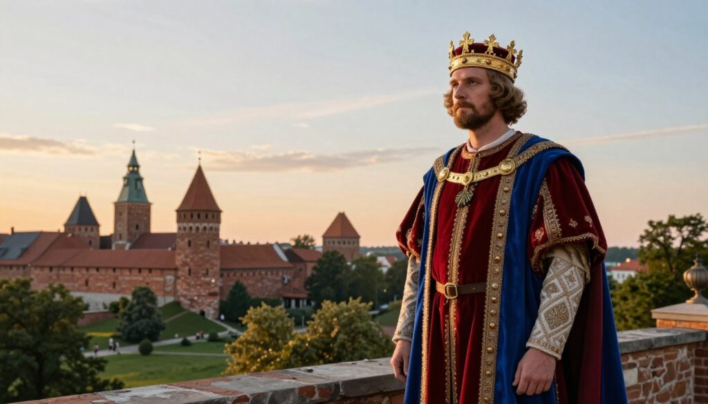 Kazimierz Wielki, a Polish king, depicted in a majestic medieval setting, stands prominently in the foreground, adorned in regal attire with a golden crown and rich garments of deep reds and blues, emphasizing his royal stature. In the middle ground, a historical view of Niepołomice is illustrated with ancient brick structures and lush greenery, showcasing the town's historical essence. The background features a clear sky at sunset, casting a warm, golden light over the landscape, creating a tranquil atmosphere. The image is captured with a slight tilt, offering a dynamic perspective, reminiscent of the 14th century. The mood is both regal and serene, reflecting a significant moment in Polish history. Ensure the composition remains free of any modern elements or text. Kazimierz Wielki, a Polish king, depicted in a majestic medieval setting, stands prominently in the foreground, adorned in regal attire with a golden crown and rich garments of deep reds and blues, emphasizing his royal stature. In the middle ground, a historical view of Niepołomice is illustrated with ancient brick structures and lush greenery, showcasing the town's historical essence. The background features a clear sky at sunset, casting a warm, golden light over the landscape, creating a tranquil atmosphere. The image is captured with a slight tilt, offering a dynamic perspective, reminiscent of the 14th century. The mood is both regal and serene, reflecting a significant moment in Polish history. Ensure the composition remains free of any modern elements or text.