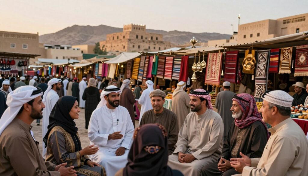Visualize the intricate ethnic and linguistic structure of Yemeni society. In the foreground, depict a diverse group of individuals representing various ethnic backgrounds, dressed in traditional and modern attire, engaging in dialogue. Ensure their expressions convey warmth and community. In the middle ground, include a vibrant marketplace with stalls showcasing cultural artifacts, textiles, and food, symbolizing the diverse traditions. In the background, illustrate the rugged landscape of Yemen, including mountains and historical architecture, bathed in soft, warm sunset lighting that adds a sense of unity and harmony. The atmosphere should feel welcoming and celebratory, reflecting the rich cultural tapestry of Yemen without any text or overlays.