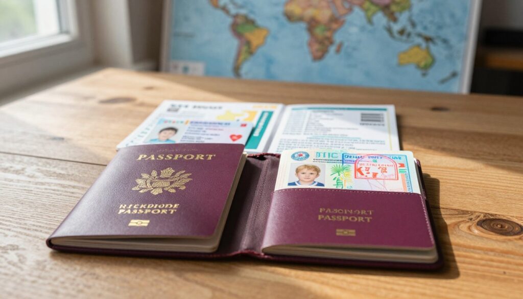 A beautifully arranged travel document scene featuring a child's and an adult's passport side by side on a textured wooden table. In the foreground, the well-worn passports peek out from an open travel wallet, revealing colorful stamps and visa pages. The middle layer includes a small bundle of travel essentials, such as a child's ID card, vaccine certificate, and a travel itinerary, neatly organized. In the background, a world map or the silhouette of Iceland provides context, softly blurred to suggest distant travel plans. Natural sunlight filters through a nearby window, casting gentle shadows, creating a warm, inviting atmosphere that evokes a sense of adventure and preparation for a family trip.