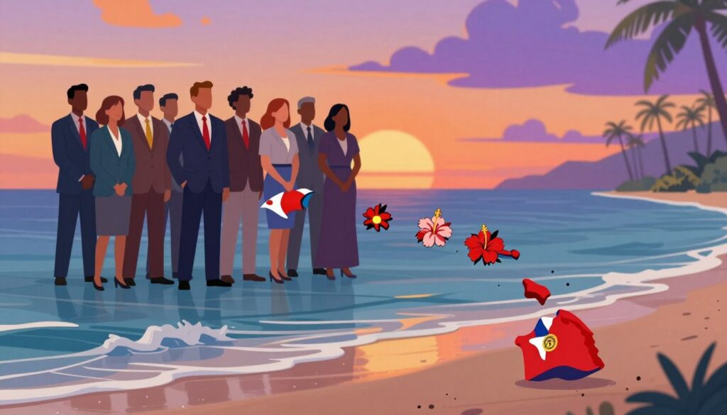 A beautifully rendered illustration depicting the status of Hawaii as a U.S. state. In the foreground, show a stylized map of Hawaii with emphasis on its main islands, adorned with icons representing state symbols like the hibiscus flower and the state flag. In the middle ground, depict a diverse group of professionals in business attire standing proudly beside the map, symbolizing unity and the state's cultural richness. The background should feature a vibrant sunset over the Pacific Ocean, casting warm orange and purple hues, while gentle waves lap at the shore. Use a soft focus for the background to enhance the details in the foreground and middle ground. The image should convey a sense of pride and identity, reflecting Hawaii's unique status within the United States.