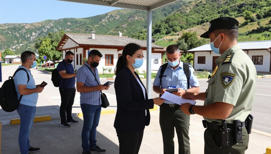 A border checkpoint at the Albania border, showcasing a clear view of passport control operations. In the foreground, a uniformed border guard interacts with a traveler of diverse ethnicity, both dressed in professional attire, emphasizing the security process. The middle ground features a line of travelers waiting to present their documents, some holding passports and others displaying alternative travel documents. In the background, a rustic border station with traditional Albanian architectural elements is visible, surrounded by lush green hills under a clear blue sky. The lighting is bright and natural, casting soft shadows to create an inviting atmosphere. The scene conveys a sense of caution and curiosity about crossing into Albania, underscoring the travel restrictions outside the EU and Schengen zone.