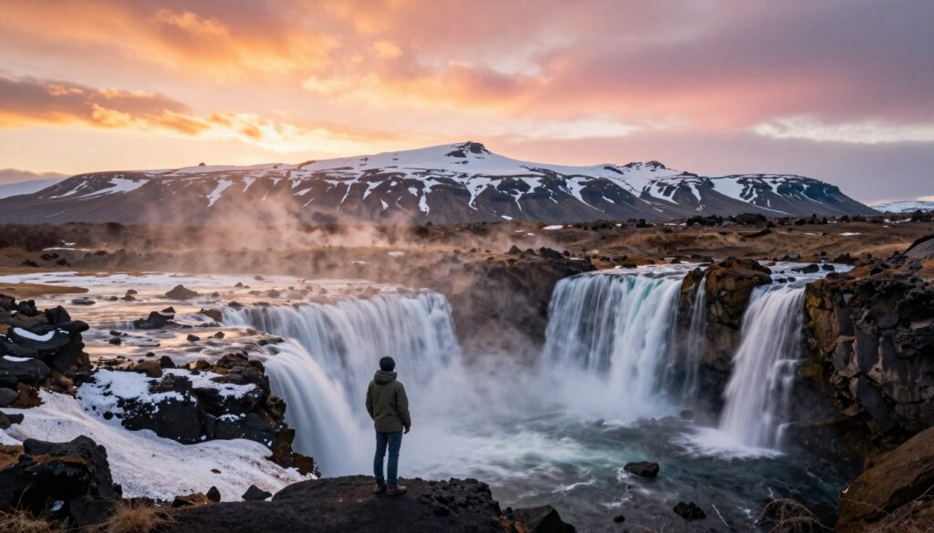 A breathtaking Icelandic landscape during the golden hour, showcasing dramatic contrasts of fire and ice. In the foreground, a traveler in modest casual clothing gazes in awe at a stunning waterfall cascading over black volcanic rocks, adorned with patches of snow. The middle layer features a rugged terrain with geothermal steam rising from the earth, hinting at the island's volcanic activity. In the background, majestic snow-capped mountains loom under a sky painted with soft hues of orange and pink, with wisps of clouds. The lighting is warm and inviting, creating a sense of wonder and exploration. The overall atmosphere is one of adventure and tranquility, capturing the essence of Iceland's unique charm as the "land of fire and ice."