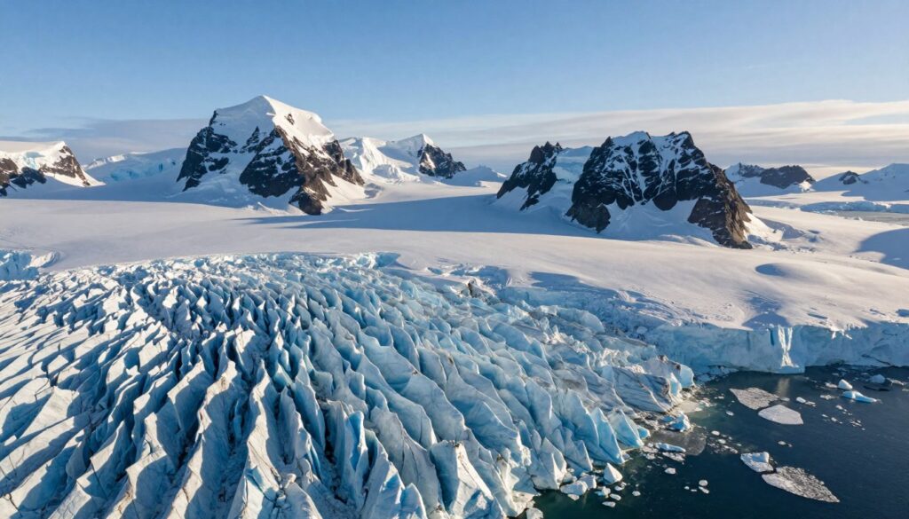 A breathtaking aerial view of Antarctica showcasing its vast icy landscape and unique topography. In the foreground, shimmering glaciers and stark, jagged ice formations glisten under the soft sunlight, reflecting hues of blue and white. The middle ground features expansive ice sheets and undulating snowdrifts, leading to sharp mountain peaks and rugged ice cliffs that tower majestically. In the background, a clear blue sky fades into distant horizons, hinting at the harsh, icy environment. The scene captures the stark beauty and isolation of the continent, evoking a sense of serenity and grandeur. The lighting is soft, evoking early morning or late afternoon when shadows play gently on the snowy surfaces, highlighting the intricate details of Antarctica's surface.