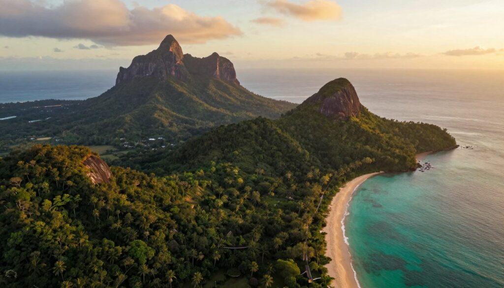 A breathtaking aerial view of Madagascar, showcasing its vast landscape as the largest island in Africa. In the foreground, lush green forests and coastal beaches with crystal-clear turquoise waters. The middle ground features dramatic mountain ranges and unique rock formations, reflecting the island's rich biodiversity. In the background, the Indian Ocean sparkles under a warm, golden sunset that casts a serene light across the scene. The atmosphere is tranquil and inviting, encapsulating the island’s natural beauty. Capture this majestic view with a wide-angle lens to emphasize the scale and form of the island, presenting Madagascar as a stunning geographical marvel. No people are included in the image to maintain focus on the island itself.