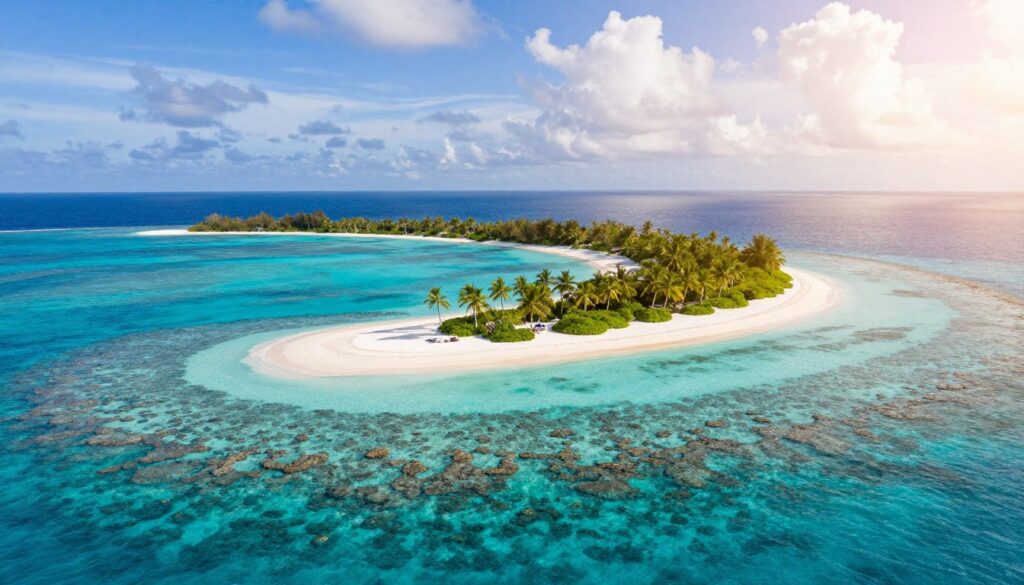 A breathtaking aerial view of the Maldives archipelago, showcasing an array of small, lush islands surrounded by vibrant turquoise waters. In the foreground, intricate coral reefs can be seen beneath the clear surface, teeming with colorful marine life. In the middle, pristine white sandy beaches curve elegantly around the islands, dotted with swaying palm trees. The background features a brilliant blue sky, with soft, fluffy clouds partially obscuring the sun, creating a serene and inviting atmosphere. The lighting is warm and soft, capturing the tranquil mood of a tropical paradise. The angle of the shot is slightly tilted to emphasize the depth of the ocean and the beauty of the landscape, evoking a sense of adventure and exploration.