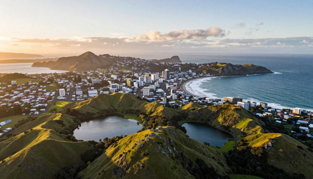 A breathtaking aerial view of the islands of New Zealand, showcasing both the North and South islands side by side. In the foreground, the lush green hills and rugged mountains of the South Island are clearly visible, dotted with shimmering lakes reflecting the pristine sky. The middle ground features the vibrant coastal towns of Wellington and Auckland, their colorful buildings contrasting with the blue ocean. In the background, dramatic cliffs and rolling waves crashing against the shoreline create a sense of dynamic energy. The lighting is warm and golden, suggesting a late afternoon sun setting over the horizon. The mood is tranquil yet invigorating, inviting viewers to explore the natural beauty and diverse landscapes of this island nation.