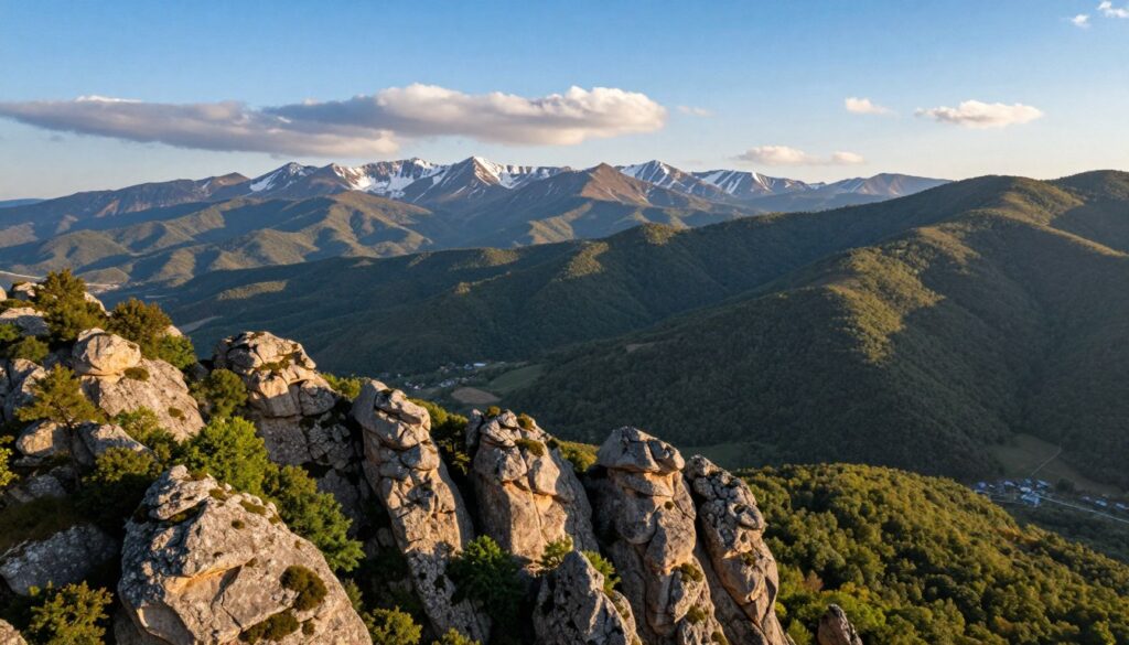 A breathtaking aerial view of the mountain ranges of North Macedonia, showcasing the dramatic peaks and lush valleys beneath a clear blue sky. In the foreground, rugged rocky formations adorned with patches of vibrant green foliage lead the eye deeper into the landscape. The middle ground features rolling hills interspersed with ancient trees, while the background displays the majestic, snow-capped mountains rising sharply against the horizon. Soft, golden sunlight filters through scattered clouds, casting gentle shadows and highlighting the textures of the terrain. This composition conveys a sense of tranquility and grandeur, inviting viewers to explore the rich geography of the region while emphasizing its natural beauty.