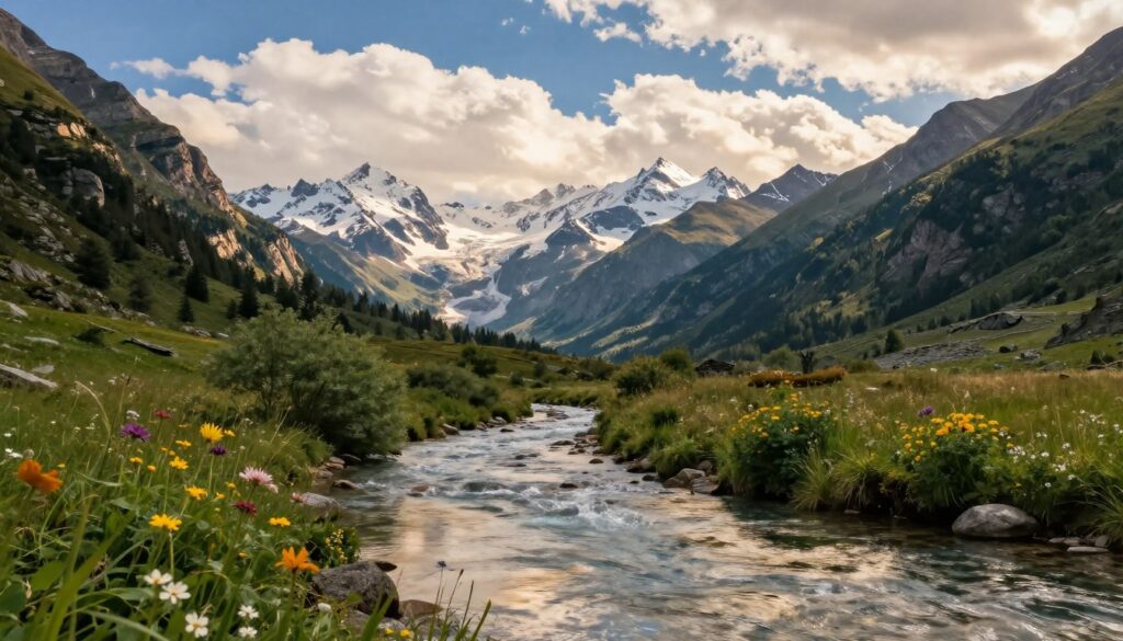 A breathtaking alpine landscape showcasing clear, meandering rivers framed by majestic mountain passes. In the foreground, a tranquil river glistens under soft, golden sunlight, reflecting the surrounding peaks. Lush green foliage and vibrant wildflowers embellish the riverbanks, adding color to the scene. The middle ground features steep, rocky slopes leading to towering, snow-capped mountains under a bright blue sky filled with fluffy white clouds. The background reveals intricate mountain passes winding through the Alps, enhancing the sense of depth and grandeur. Capture the essence of serene nature with a focus on soft natural lighting, shot at a wide-angle to emphasize the expansive scenery, evoking a peaceful and inspiring atmosphere perfect for highlighting the significance of this stunning alpine region.