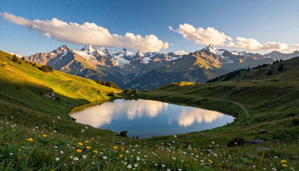A breathtaking alpine landscape showcasing the climate and natural beauty of the Alps. In the foreground, a pristine lake reflects the sky, surrounded by lush greenery and wildflowers. The middle ground features gentle rolling hills leading to majestic, snow-capped mountains under a clear blue sky. Wispy clouds float overhead, casting soft shadows on the terrain. In the background, a rolling vista of distant peaks rises dramatically, creating a sense of scale and grandeur. The lighting is golden and warm, reminiscent of late afternoon sunlight, enhancing the vibrant colors of the scenery. The overall mood is tranquil and awe-inspiring, capturing the serene beauty and diverse ecosystems of the Alpine region.