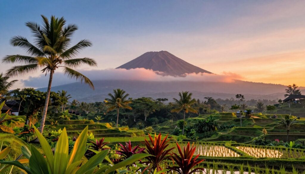 A breathtaking landscape of Bali featuring the majestic Agung Volcano in the background, its peak partially shrouded in wispy clouds. The foreground showcases lush greenery, with vibrant tropical plants and palm trees swaying gently in a warm breeze. A tranquil blue sky transitions into shades of orange and pink, hinting at sunset. In the middle ground, rolling hills add depth, and a serene rice terrace reflects the golden hues of the evening sky. Soft sunlight illuminates the scene, casting gentle shadows and enhancing the vibrant colors of the foliage. Aim for a wide-angle perspective that captures the sweeping beauty and natural tranquility, evoking a sense of peace and wonder in this tropical paradise.