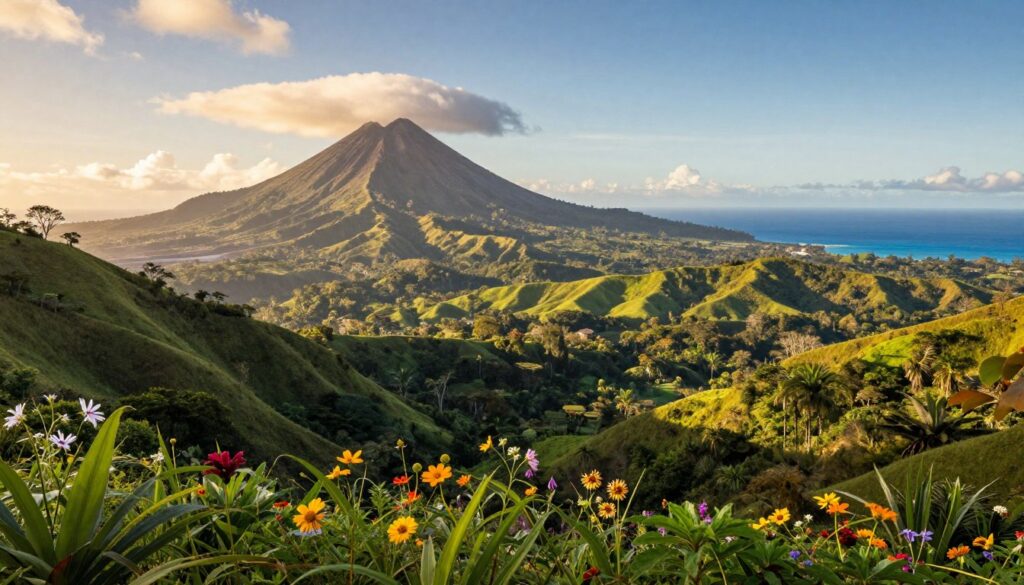 A breathtaking landscape of Costa Rica showcasing its majestic mountains, voluminous volcanoes, and stunning coastlines. In the foreground, lush green valleys dotted with vibrant wildflowers lead into the middle ground where the peaks of Arenal and Poás volcanoes rise dramatically against the sky. The background features a brilliant blue Pacific Ocean contrasting with soft, rolling hills, emphasizing the country's unique geography. The sunlight bathes the scene in a warm, golden hue, reflecting a tranquil yet vibrant atmosphere. Use a wide-angle perspective to capture the expansive beauty of this tropical paradise, with a focus on the details of the flora and the dynamic skyline. The mood should evoke a sense of adventure and wonder, inviting viewers to explore this rich landscape. A breathtaking landscape of Costa Rica showcasing its majestic mountains, voluminous volcanoes, and stunning coastlines. In the foreground, lush green valleys dotted with vibrant wildflowers lead into the middle ground where the peaks of Arenal and Poás volcanoes rise dramatically against the sky. The background features a brilliant blue Pacific Ocean contrasting with soft, rolling hills, emphasizing the country's unique geography. The sunlight bathes the scene in a warm, golden hue, reflecting a tranquil yet vibrant atmosphere. Use a wide-angle perspective to capture the expansive beauty of this tropical paradise, with a focus on the details of the flora and the dynamic skyline. The mood should evoke a sense of adventure and wonder, inviting viewers to explore this rich landscape.