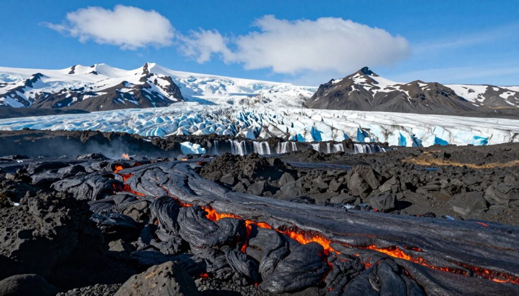 A breathtaking landscape of Iceland, showcasing the dramatic contrast between fire and ice. In the foreground, a bubbling lava flow illuminated by the soft glow of orange and red embers, surrounded by dark volcanic rock. The middle ground features a majestic glacier, its icy blue hues contrasting with the volcanic terrain, while cascading waterfalls shimmer under the sunlight. In the background, towering snow-capped mountains rise against a bright blue sky, with a few fluffy white clouds. The scene captures a serene yet powerful atmosphere, emphasizing the elemental forces of nature. The lighting is bright and natural, creating vibrant colors and deep shadows. The view is taken from a low angle, enhancing the grandeur of the landscape and the feeling of immersion in this unique environment.