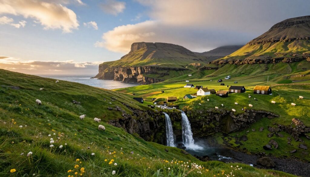 A breathtaking landscape of the Faroe Islands showcasing its unique nature and climate. In the foreground, vibrant green hills dotted with wildflowers sloping down to a rugged coastline. A cascading waterfall glimmers in the sunlight, while sheep graze peacefully. In the middle ground, traditional grass-roofed cottages blend harmoniously with the natural surroundings, reflecting the local culture. The background features dramatic cliffs rising steeply from the Atlantic Ocean, under a sky filled with soft, fluffy clouds illuminated by golden sunlight. The mood is serene and inviting, capturing the essence of this remote archipelago. Shot at a slight angle to emphasize depth, with warm, natural lighting to enhance the lush greens and blues of the landscape.