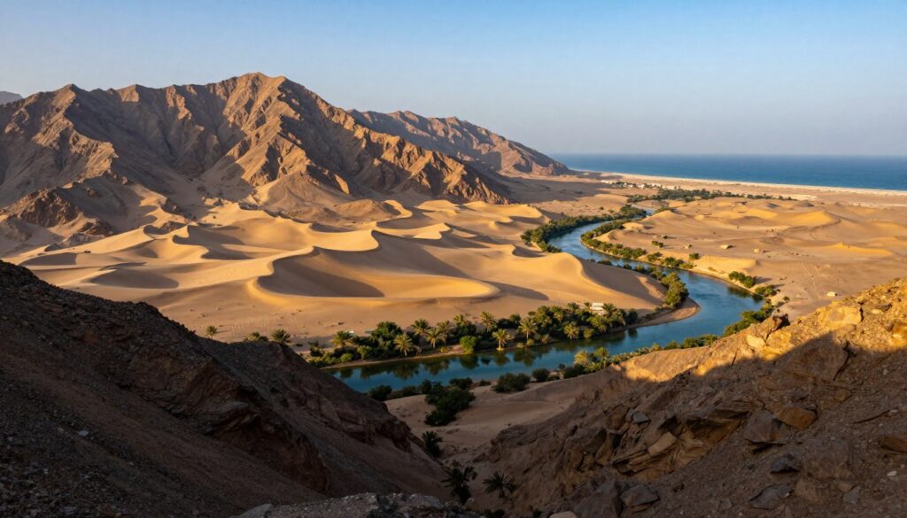 A breathtaking landscape showcasing the diverse geography of Oman. In the foreground, feature rugged mountain ranges with dramatic peaks, subtly illuminated by the golden light of a low sun, providing a warm glow. The middle ground displays arid desert dunes, their soft curves and ripples catching shadows for contrast. Interspersed within the dunes, depict a lush wadi with green foliage and a winding river, reflecting the serene blue sky. In the background, hint at the distant coastline, where azure waters meet the sandy shores. The atmosphere should evoke a sense of tranquility and awe, highlighting the unique convergence of mountains, desert, and waterways that define Oman’s striking landscapes. Use a wide-angle perspective to capture the vastness and depth of the scenery, enhancing the overall beauty of this stunning natural setting.