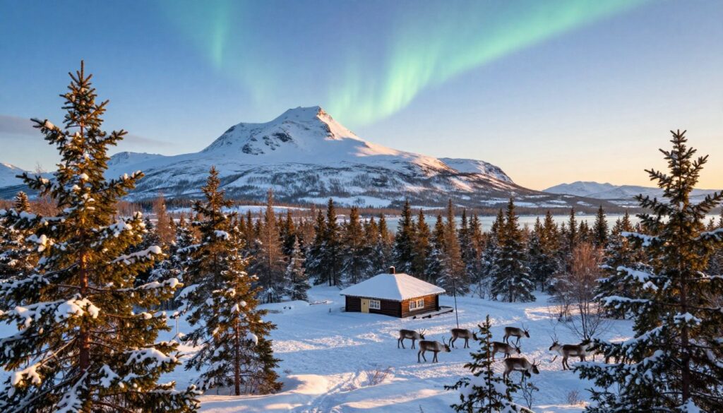 A breathtaking panoramic view of Lapland, capturing the diverse countries that encompass this enchanting region. In the foreground, vibrant evergreen trees dusted with snow glisten under the soft, golden light of a sunrise. The middle ground showcases a traditional Sami hut, surrounded by reindeer grazing peacefully, highlighting the rich cultural heritage. In the background, majestic snow-capped mountains rise against a clear blue sky, with the faint aurora borealis shimmering above, adding a magical touch to the scene. The atmosphere is serene and inviting, evoking a sense of exploration and wonder. The composition should be photographed with a wide-angle lens to emphasize the vastness of the landscape, with natural lighting enhancing the wintry colors and textures.