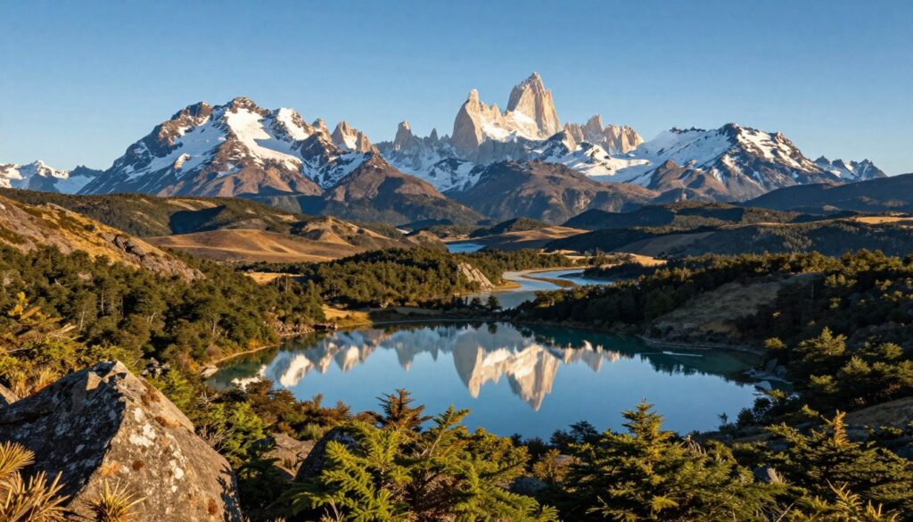 A breathtaking panoramic view of the borders of Patagonia, showcasing both the Patagonian Andes and the striking landscapes of Argentina and Chile. In the foreground, vibrant green foliage and rugged rocks frame the scene, while a crystal-clear lake reflects the majestic snow-capped peaks of the Andes, glistening under a bright blue sky. Midground features rolling hills and patches of dense evergreen forests, interspersed with azure rivers winding through the terrain. The background is dominated by towering mountain ranges, their jagged silhouettes sharply contrasting the serene landscape below. The lighting is warm and golden, suggesting late afternoon, with soft shadows adding depth. Capture the tranquil yet awe-inspiring mood, emphasizing the wild beauty and dramatic topography of this unique region.