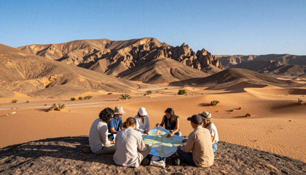 A breathtaking scene illustrating travel planning through the Atlas Mountains and the Sahara Desert. In the foreground, a diverse group of travelers reviewing a detailed map spread out on a rocky surface, dressed in light, modest outdoor clothing. In the middle ground, rolling hills and jagged mountain peaks rise dramatically, their rugged textures illuminated by golden sunlight. A clear blue sky overhead creates a serene atmosphere, while scattered desert shrubs dot the landscape. In the background, the vast expanse of the Sahara stretches out, with dunes gently undulating under the sun. This image captures the sense of adventure and exploration, evoking feelings of anticipation and awe as they prepare for their journey through Morocco's stunning terrains.