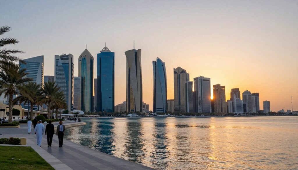A breathtaking view of Doha, the capital of Qatar, situated along the shimmering waters of the Persian Gulf. In the foreground, a picturesque waterfront promenade with palm trees and locals dressed in business attire enjoying the scenery. The middle layer showcases iconic skyscrapers, such as the Burj Qatar and the Aspire Tower, their modern architecture reflecting the late afternoon sun. The background features a vibrant sunset casting warm hues across the sky, with the Gulf's tranquil waters mirroring the colors. The scene is captured with a wide-angle lens to enhance depth, while golden hour lighting adds a soft, warm atmosphere to the image, embodying the vibrant spirit of Doha.