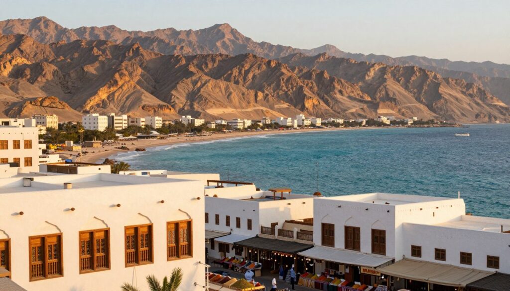 A breathtaking view of Muscat, the capital of Oman, nestled between the rugged Hajar Mountains and the sparkling turquoise waters of the Gulf of Oman. In the foreground, capture traditional Omani architecture, featuring white-washed buildings with intricate wooden balconies. Include a bustling marketplace with local vendors displaying colorful spices and textiles. In the middle ground, showcase the dramatic northern coastline, with gentle waves lapping at sandy beaches and rocky cliffs. The background should feature the majestic mountains that cradle the city, bathed in the warm glow of golden hour light, creating a serene and inviting atmosphere. Use a wide-angle lens to emphasize the vastness of the landscape, while maintaining a soft focus on the foreground details. Highlight the transition from urban life to natural beauty to convey the essence of a perfect starting point for exploration.