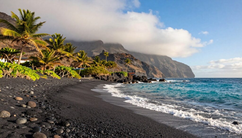 A breathtaking view of Tenerife's black sand beaches, surrounded by lush, wild nature. In the foreground, fine black volcanic sand gently meets the clear turquoise ocean waves. A scattering of smooth, dark pebbles adds texture to the shoreline. In the middle ground, vibrant green palm trees and native plants create a tropical feel, swaying in a light breeze. The background features dramatic cliffs, partially shrouded in mist, with a clear blue sky and soft, fluffy clouds casting gentle shadows. The scene is illuminated by warm, golden sunlight, enhancing the contrast between the dark sand and bright ocean water. Capture the serene and vibrant atmosphere, emphasizing the natural beauty of Tenerife’s unique landscape.