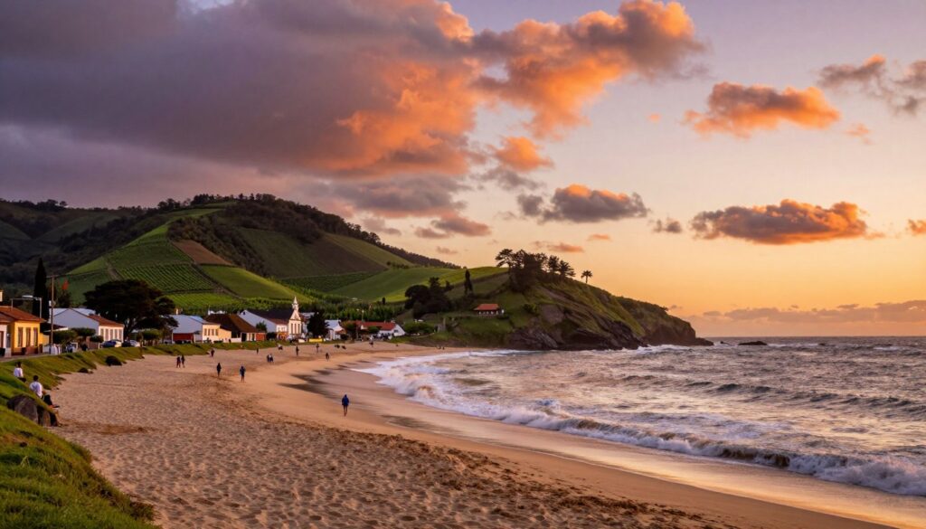 A breathtaking view of Uruguay's diverse landscapes, showcasing a coastal scene at sunset. In the foreground, the iconic beach of Punta del Este with soft golden sands and gentle waves. A few modestly dressed people enjoy the beach, taking in the beauty of the moment. The middle ground features lush green rolling hills with vineyards, typical of the Canelones region, and quaint colonial architecture symbolizing the historic charm of Colonia del Sacramento. In the background, dramatic clouds are painted in hues of orange and purple as the sun sets over the Atlantic Ocean. The lighting is warm and inviting, enhancing the tranquil yet vibrant atmosphere. The angle captures a wide vista, inviting viewers to explore the wonders of Uruguay.