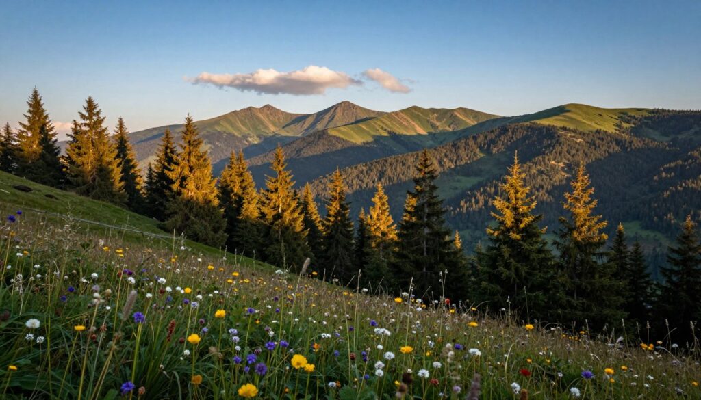 A breathtaking view of the Carpathian Mountains, showcasing their majestic peaks and rolling hills. In the foreground, a vibrant array of wildflowers in various colors, swaying gently in the breeze. The middle ground features a dense forest of coniferous trees, with sunlight filtering through the branches, creating dappled shadows on the forest floor. In the background, towering mountain ranges under a clear blue sky, with a few wispy clouds adding depth to the scene. The atmosphere is serene and contemplative, evoking the natural beauty and geological significance of the Carpathians. Capture this scene at golden hour, with warm, soft lighting to enhance the colors and textures, utilizing a wide-angle lens to encompass the grandeur of the landscape. A breathtaking view of the Carpathian Mountains, showcasing their majestic peaks and rolling hills. In the foreground, a vibrant array of wildflowers in various colors, swaying gently in the breeze. The middle ground features a dense forest of coniferous trees, with sunlight filtering through the branches, creating dappled shadows on the forest floor. In the background, towering mountain ranges under a clear blue sky, with a few wispy clouds adding depth to the scene. The atmosphere is serene and contemplative, evoking the natural beauty and geological significance of the Carpathians. Capture this scene at golden hour, with warm, soft lighting to enhance the colors and textures, utilizing a wide-angle lens to encompass the grandeur of the landscape.