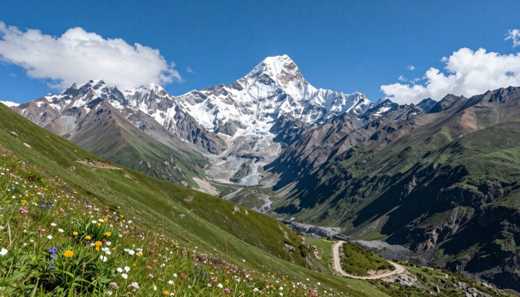 A breathtaking view of the Himalayas with Mount Everest towering majestically in the background, surrounded by rugged peaks and serene valleys. In the foreground, lush green hills dotted with colorful wildflowers lead to snow-capped mountains, under a clear blue sky with fluffy white clouds. The midday sun casts sharp shadows, highlighting the valleys and ridges. A winding path can be seen, hinting at the adventurous spirit of trekkers exploring this stunning landscape. The atmosphere is tranquil yet awe-inspiring, capturing the grandeur and beauty of Nepal's iconic mountains. The image should be shot from a wide angle to encompass the scale of the landscape, evoking a sense of adventure and exploration. A breathtaking view of the Himalayas with Mount Everest towering majestically in the background, surrounded by rugged peaks and serene valleys. In the foreground, lush green hills dotted with colorful wildflowers lead to snow-capped mountains, under a clear blue sky with fluffy white clouds. The midday sun casts sharp shadows, highlighting the valleys and ridges. A winding path can be seen, hinting at the adventurous spirit of trekkers exploring this stunning landscape. The atmosphere is tranquil yet awe-inspiring, capturing the grandeur and beauty of Nepal's iconic mountains. The image should be shot from a wide angle to encompass the scale of the landscape, evoking a sense of adventure and exploration.