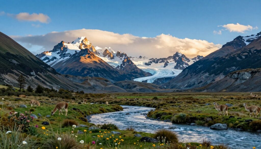 A breathtaking view of the Patagonian landscape, showcasing both the Argentine and Chilean sections. In the foreground, vibrant green valleys with wildflowers intermingle with crystal-clear rivers. The middle ground features majestic snow-capped mountains, their peaks basking in the soft golden light of early morning. A few llamas can be seen grazing peacefully, adding a touch of life to the serene scene. In the background, expansive glaciers reflect the brilliant blue sky, while fluffy clouds drift lazily across the horizon. The atmosphere is tranquil and awe-inspiring, inviting viewers to connect with the raw beauty of nature. Use a wide-angle lens to capture the grandeur of this incredible region, ensuring the lighting accentuates the contrasts between the mountains and valleys.