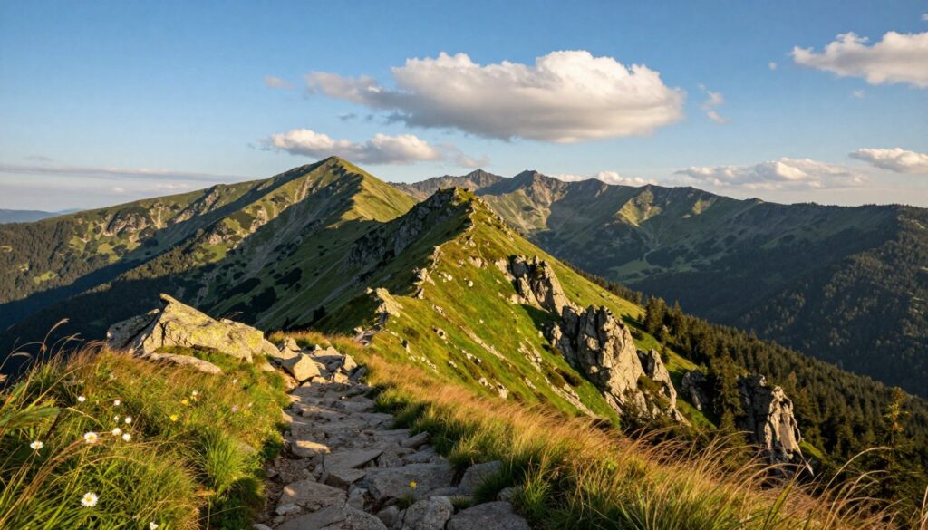 A breathtaking view of the highest peak in the Bieszczady Mountains, with rocky summits and lush valleys. In the foreground, a winding mountain trail unfolds, dotted with wildflowers and grass flowing gently in the breeze. The middle ground features rugged cliffs and dense forests, showcasing the stunning biodiversity of the region. In the background, majestic peaks rise under a clear blue sky with soft, fluffy clouds, capturing the grandeur of the Bieszczady landscape. The lighting is warm and golden, casting long shadows and highlighting the textures of the rocks and foliage. The atmosphere is serene and inviting, evoking a sense of adventure and the beauty of nature.