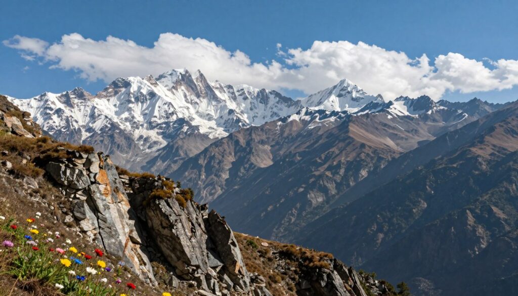 A breathtaking view of the majestic Indian mountains, showcasing the highest peaks of the Himalayas. In the foreground, a rocky cliff adorned with vibrant wildflowers, adding color to the rugged terrain. The middle ground features towering snow-capped mountains, glistening under the bright sunlight, with steep slopes leading to the highest summits. The background showcases a clear blue sky, dotted with fluffy white clouds, creating an awe-inspiring atmosphere. Soft sunlight filters through, casting gentle shadows on the mountains, enhancing their grandeur. The image captures the serenity and awe of the Indian landscape, inviting the viewer to experience the beauty of nature in this region. The angle is slightly elevated, providing a panoramic view that emphasizes the vastness of the mountainous terrain. A breathtaking view of the majestic Indian mountains, showcasing the highest peaks of the Himalayas. In the foreground, a rocky cliff adorned with vibrant wildflowers, adding color to the rugged terrain. The middle ground features towering snow-capped mountains, glistening under the bright sunlight, with steep slopes leading to the highest summits. The background showcases a clear blue sky, dotted with fluffy white clouds, creating an awe-inspiring atmosphere. Soft sunlight filters through, casting gentle shadows on the mountains, enhancing their grandeur. The image captures the serenity and awe of the Indian landscape, inviting the viewer to experience the beauty of nature in this region. The angle is slightly elevated, providing a panoramic view that emphasizes the vastness of the mountainous terrain.