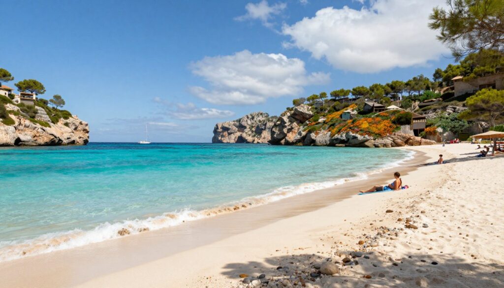A breathtaking view of the most beautiful beaches in Mallorca, featuring soft white sand and crystal-clear turquoise waters. In the foreground, gentle waves lapping at the shore with small beach pebbles scattered along the sand. The middle ground showcases lush green cliffs adorned with vibrant wildflowers, framing the beach beautifully. A few sunbathers are enjoying the sun, wearing modest casual clothing, positioned in a relaxed manner. In the background, a brilliant blue sky filled with soft, fluffy clouds enhances the serene atmosphere, while a distant sailboat glides gracefully across the horizon. The overall mood is peaceful and inviting, with warm sunlight casting soft shadows, captured at a slightly elevated angle for a sweeping panoramic effect.
