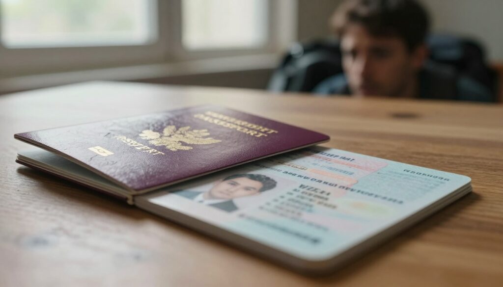 A close-up view of a lost identity document, featuring a crumpled passport and a national ID card lying on a wooden table. The passport is partially opened, revealing the blurred face and information page, with a faint light reflecting off its surface, creating a sense of urgency and despair. In the background, a subtle image of a traveler looking worriedly through their bag, with a soft focus to emphasize the document in the foreground. A warm, natural light filters in from a nearby window, casting gentle shadows that evoke a thoughtful, anxious mood. The overall composition is intimate and relatable, focusing on the emotional impact of losing important travel documents.