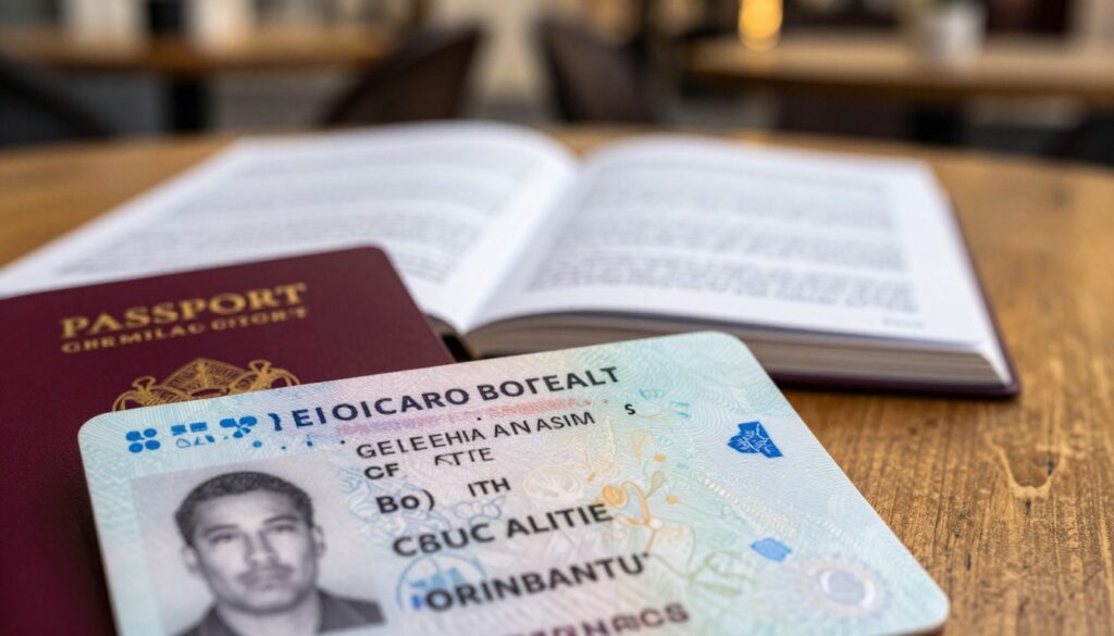A close-up view of a valid identity document, prominently featuring a passport and an identity card side by side. The foreground showcases the documents in detail, highlighting their security features like holograms and stamps. In the middle ground, an open travel guidebook about Greece lies nearby, hinting at vacation plans. The background is softly blurred to depict an outdoor café setting with dim golden lighting, creating a warm and inviting atmosphere. The angle captures the documents from slightly above, emphasizing their importance. The overall mood conveys a sense of preparation and anticipation for travel, showcasing clarity and organization without any distractions or text.
