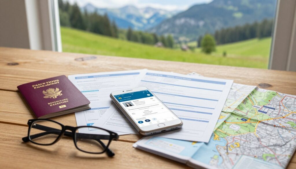 A collection of travel documents laid out on a wooden table, including a passport, a national ID, and travel insurance papers, with a beautiful Slovenian landscape visible through a window in the background. The foreground features a pair of glasses and a map of Slovenia, while in the middle, a smartphone displays travel apps open. Soft, natural sunlight filters in, casting gentle shadows that create an inviting and serene atmosphere. The setting should evoke preparation and anticipation for a trip, with the vibrant greens of Slovenia's nature contrasting with the organized, structured items of travel documentation. Shot from a slightly elevated angle to capture the documents and the picturesque view outside together. A collection of travel documents laid out on a wooden table, including a passport, a national ID, and travel insurance papers, with a beautiful Slovenian landscape visible through a window in the background. The foreground features a pair of glasses and a map of Slovenia, while in the middle, a smartphone displays travel apps open. Soft, natural sunlight filters in, casting gentle shadows that create an inviting and serene atmosphere. The setting should evoke preparation and anticipation for a trip, with the vibrant greens of Slovenia's nature contrasting with the organized, structured items of travel documentation. Shot from a slightly elevated angle to capture the documents and the picturesque view outside together.