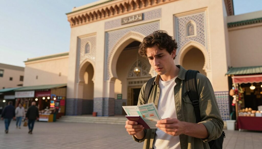 A concerned traveler standing in front of a Moroccan consulate or embassy, depicting the moment of losing their passport during a journey. The foreground features the traveler, a person dressed in casual yet neat clothing, looking worried while holding travel documents in hand. In the middle ground, the Moroccan consulate building can be seen, adorned with traditional Moroccan architecture, such as intricate tile work and arches. The background showcases the vibrant streets of a Moroccan city, with colorful market stalls and pedestrians. The scene is lit with warm, golden sunlight, creating an atmosphere of urgency and anxiety, reflecting the stress of passport loss while traveling in Morocco. The perspective can be a slightly low angle to emphasize the consulate's exterior against the sky.