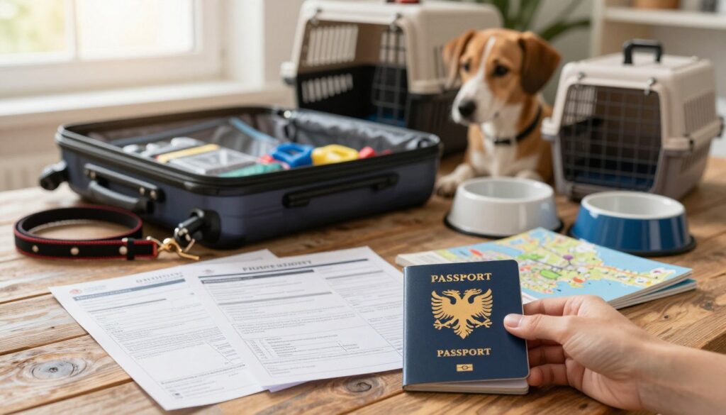 A cozy and inviting travel scene featuring a dedicated pet owner with a dog, packing necessary travel documents for a trip to Albania. In the foreground, focus on a hand holding a pet passport alongside essential paperwork like vaccination records and health certificates, all laid out on a rustic wooden table. The middle ground reveals a well-prepared pet carrier beside a suitcase, with travel accessories like a leash and pet bowl neatly arranged. The background captures a soft glow from a window, suggesting natural light streaming in, enhancing a warm atmosphere perfect for travel. Include subtle hints of a map of Albania and a travel guidebook nearby, emphasizing the journey's theme, while keeping the overall mood friendly and adventurous.