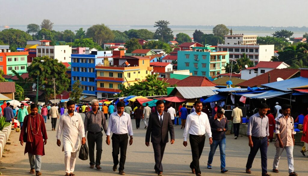 A densely populated landscape of Bangladesh showcasing its vibrant urban life. In the foreground, diverse groups of people in professional business attire and modest casual clothing walk through a bustling city street, embodying the cultural richness and diversity of the country. The middle ground features colorful buildings stacked closely together, illustrating the high population density, while traditional markets buzz with activity. In the background, lush greenery and the silhouette of the Bay of Bengal horizon can be seen, representing the region's geography. The scene is bathed in warm, golden sunlight, casting long shadows and adding a lively, optimistic atmosphere to the image, captured with a wide-angle lens to emphasize the scale and vibrancy of life in Bangladesh.