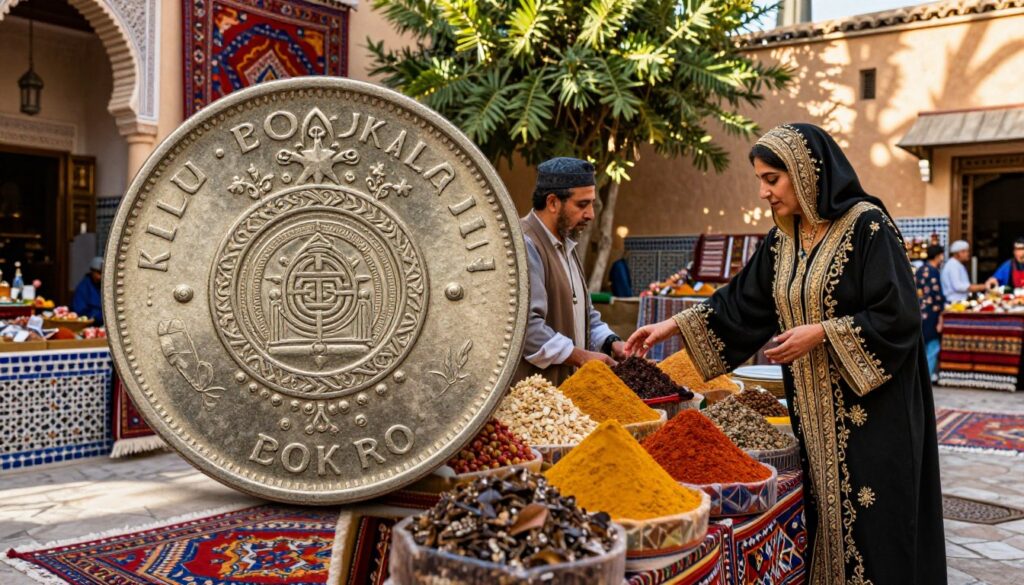 A detailed Moroccan dirham coin positioned prominently in the foreground, showcasing its intricate designs. Surrounding the coin, local customs come to life: a beautifully dressed Moroccan woman wearing a traditional kaftan is interacting with a vendor at a bustling market stall laden with colorful spices and textiles. In the middle ground, we see vibrant patterns of Moroccan carpets and intricate tile work, hinting at the rich cultural heritage. The background features a glimpse of a traditional Moroccan riad with lush greenery, under soft golden sunlight that casts warm shadows, creating an inviting atmosphere. The overall mood is lively and culturally rich, reflecting the essence of Moroccan life. The image should be captured with a slight depth of field, focusing on the dirham coin while subtly blurring the bustling scenes around it.
