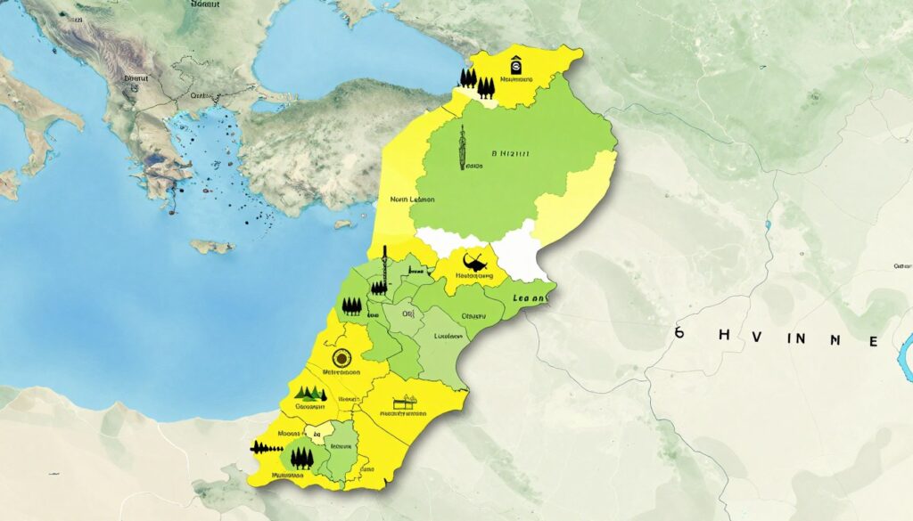 A detailed administrative map of Lebanon showcasing its divisions, including regions like Beirut, Mount Lebanon, North Lebanon, and South Lebanon. The foreground features bold, contrasting colors to highlight the different areas, with clear boundaries outlined. In the middle, include significant landmarks such as the cedar trees and coastal lines to add context, as well as symbols representing each region. The background is a soft gradient of blues and greens, representing the Mediterranean Sea and the nearby mountainous terrain. Soft natural lighting enhances the clarity of the map, and a slightly bird's-eye angle gives a comprehensive view of Lebanon's geographical layout. The atmosphere is informative and engaging, ideal for educational purposes. No text or watermarks are to be included.