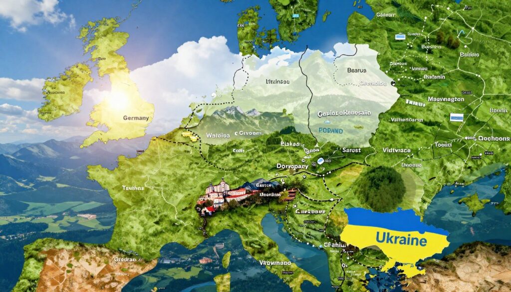 A detailed aerial map of Poland highlighting its borders with neighboring countries, including Germany to the west, Czech Republic and Slovakia to the south, Ukraine to the southeast, and Belarus to the northeast. The foreground features stylized graphic representations of each border, enhanced with dashed lines and labels of major cities near the borders, such as Gdańsk and Wrocław. In the middle ground, include lush green landscapes and iconic landmarks like the Tatra Mountains and Vistula River, all bathed in warm sunlight to create a welcoming atmosphere. The background should depict a blue sky with fluffy white clouds, emphasizing the serenity of the region. The image is designed to be clear, informative, and visually striking while remaining professional. A detailed aerial map of Poland highlighting its borders with neighboring countries, including Germany to the west, Czech Republic and Slovakia to the south, Ukraine to the southeast, and Belarus to the northeast. The foreground features stylized graphic representations of each border, enhanced with dashed lines and labels of major cities near the borders, such as Gdańsk and Wrocław. In the middle ground, include lush green landscapes and iconic landmarks like the Tatra Mountains and Vistula River, all bathed in warm sunlight to create a welcoming atmosphere. The background should depict a blue sky with fluffy white clouds, emphasizing the serenity of the region. The image is designed to be clear, informative, and visually striking while remaining professional.
