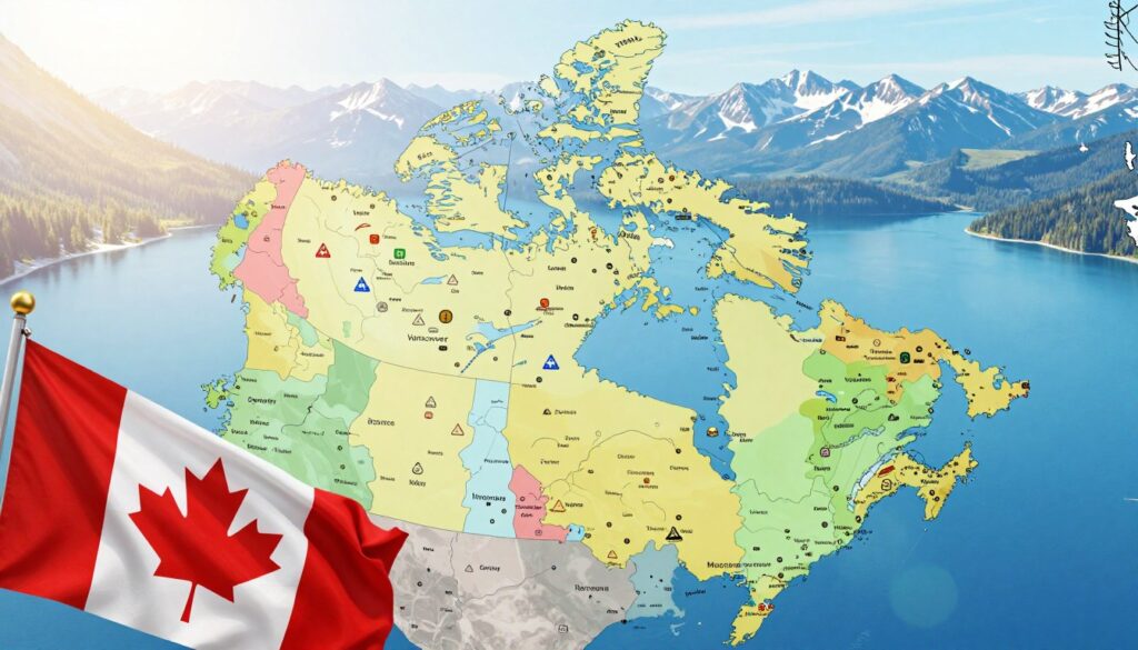 A detailed and vibrant map of Canada showcasing its provinces and territories, with each region marked by distinctive colors and symbols. In the foreground, a clear, artistic representation of the Canadian flag waves gently. The middle ground features a soft, stylized outline of Canada's geographical boundaries, with major cities like Toronto, Vancouver, and Montreal highlighted. The background is a serene landscape depicting the natural beauty of Canada, including mountains, forests, and lakes. The lighting is bright and inviting, evoking a sense of exploration and wonder. The image is captured from a slightly elevated angle to provide a panoramic view, with a gentle atmosphere, inviting viewers to learn more about Canada's diverse regions.