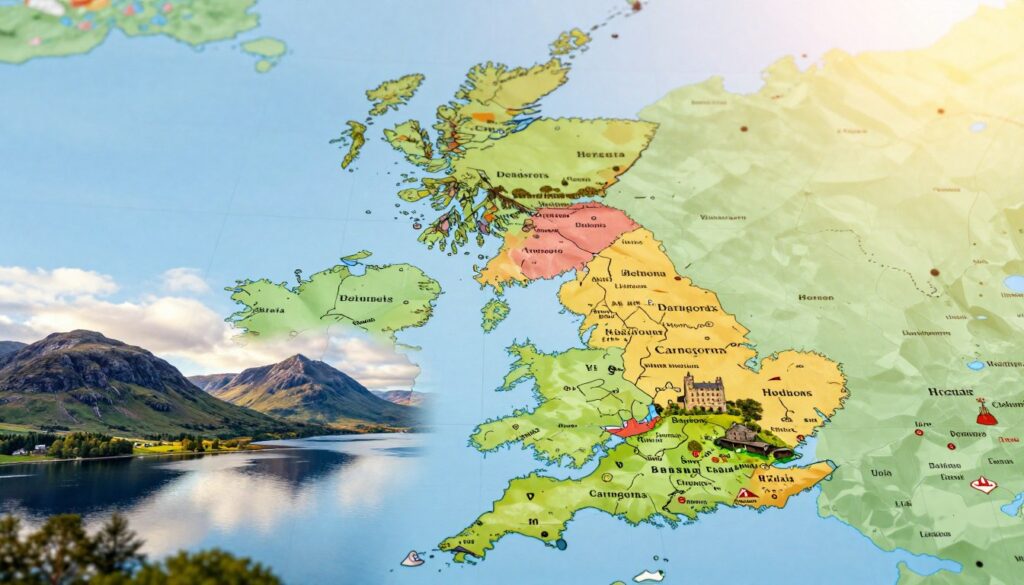 A detailed and vibrant map of Scotland showcasing its geography and key regions. In the foreground, include prominent Scottish landmarks such as the rugged Highlands with their dark green mountains, the picturesque lochs reflecting the sky, and the iconic castles. The middle layer should feature distinct regions like the Borders, the Hebrides, and the Cairngorms, clearly highlighted with different colors to emphasize their unique features. In the background, illustrate the surrounding areas of Great Britain for context, blending into a soft focus. The overall atmosphere should evoke a sense of adventure and exploration, with warm, inviting lighting simulating late afternoon sun. Use a wide-angle perspective to capture the vastness and beauty of the landscape, enhancing the visual appeal for readers. No text or watermarks.