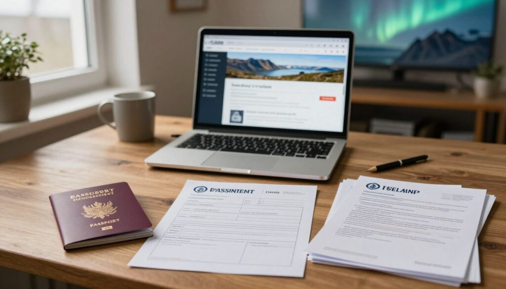 A detailed composition illustrating essential documents for a long stay in Iceland. In the foreground, a well-organized desk with a passport, a visa application form, and a stack of official travel documents, all neatly arranged. The middle ground features a laptop displaying relevant travel resources, surrounded by a cozy atmosphere with soft light filtering through a window, enhancing the inviting feel of an Icelandic study nook. The background shows a scenic view of Iceland’s rugged landscape, perhaps with distant mountains and a hint of the Northern Lights, creating a sense of adventure. The lighting is warm and inviting, suggesting a calm and informative ambiance. This image aims to evoke a sense of preparation and authenticity for travelers planning their stay in Iceland.