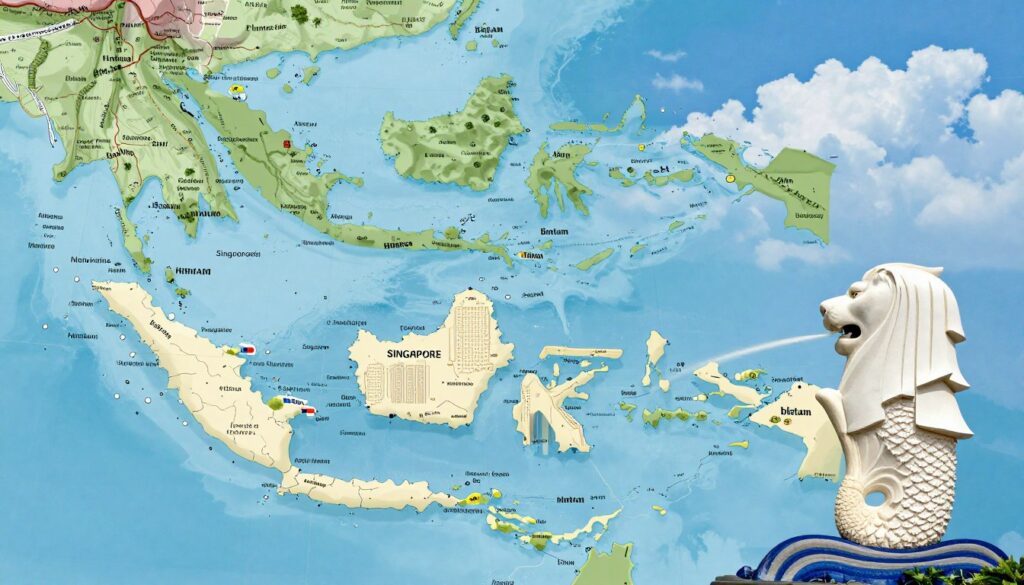 A detailed geographical map showcasing the position of Singapore in relation to Malaysia and Indonesia. In the foreground, emphasize Singapore, highlighting its urban landscape with iconic structures like Marina Bay Sands and the Merlion statue. In the middle ground, depict the nearby Malaysian mainland and the southern part of Thailand, illustrating the narrow Johor Strait that separates Singapore from Malaysia. In the background, include the Indonesian islands of Bintan and Batam, with a clear view of the surrounding waters of the Singapore Strait. The scene should have a bright, sunny atmosphere, with a blue sky and fluffy clouds to convey a tropical climate. Use a wide-angle perspective for a comprehensive overview, ensuring all geographical elements are distinct and clearly marked without any text or overlays. A detailed geographical map showcasing the position of Singapore in relation to Malaysia and Indonesia. In the foreground, emphasize Singapore, highlighting its urban landscape with iconic structures like Marina Bay Sands and the Merlion statue. In the middle ground, depict the nearby Malaysian mainland and the southern part of Thailand, illustrating the narrow Johor Strait that separates Singapore from Malaysia. In the background, include the Indonesian islands of Bintan and Batam, with a clear view of the surrounding waters of the Singapore Strait. The scene should have a bright, sunny atmosphere, with a blue sky and fluffy clouds to convey a tropical climate. Use a wide-angle perspective for a comprehensive overview, ensuring all geographical elements are distinct and clearly marked without any text or overlays.