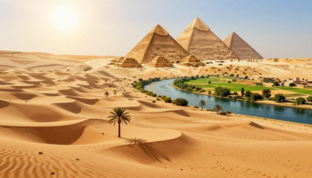 A detailed illustration of Egypt's important geographic regions, featuring the vast Sahara Desert in the foreground with its iconic sand dunes and occasional palm trees, transitioning to the fertile Nile River Valley in the middle, where lush greenery and agricultural fields are visible. In the background, depict the majestic pyramids of Giza against a brilliantly sunlit sky, casting long shadows on the landscape. The scene should have a warm, golden hour glow, enhancing the natural beauty of the desert and the vitality of the river valley. Capture the richness of Egypt's topography, emphasizing the contrast between arid and lush areas. The mood is serene and informative, inviting viewers to explore the diverse regions of Egypt.